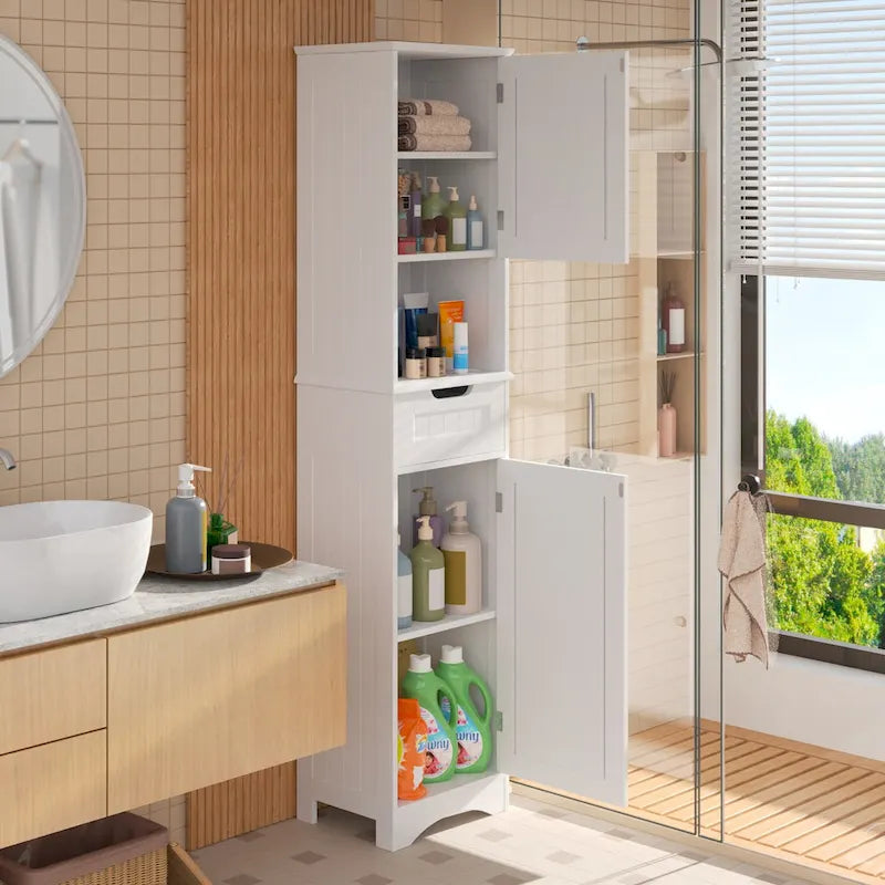 Meuble de rangement de salle de bain haut et étroit sur pied avec étagères réglables, porte et étagères ouvertes