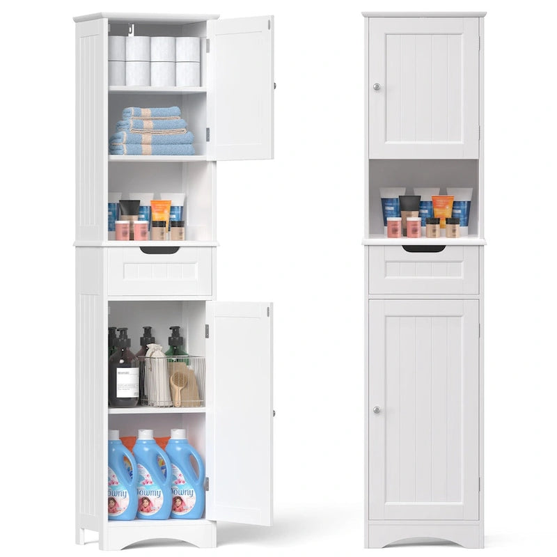 Meuble de rangement de salle de bain haut et étroit sur pied avec étagères réglables, porte et étagères ouvertes