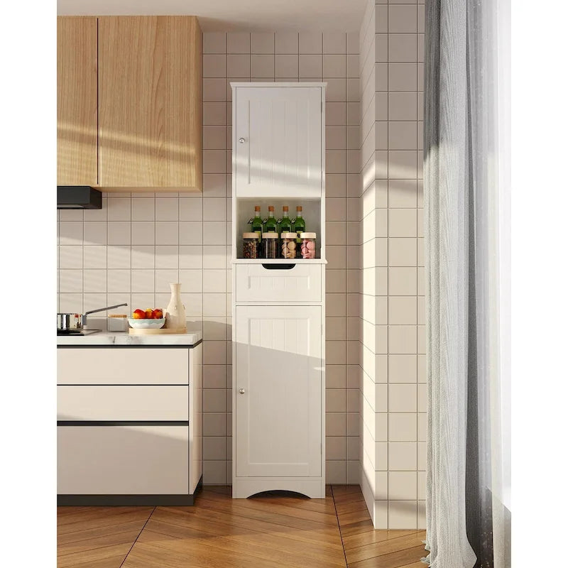 Meuble de rangement de salle de bain haut et étroit sur pied avec étagères réglables, porte et étagères ouvertes