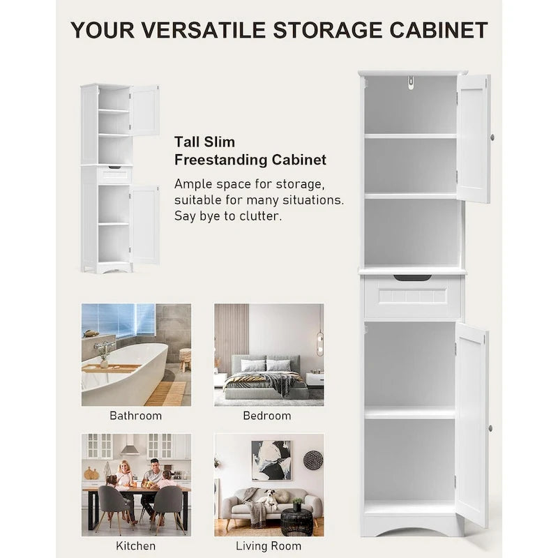 Meuble de rangement de salle de bain haut et étroit sur pied avec étagères réglables, porte et étagères ouvertes