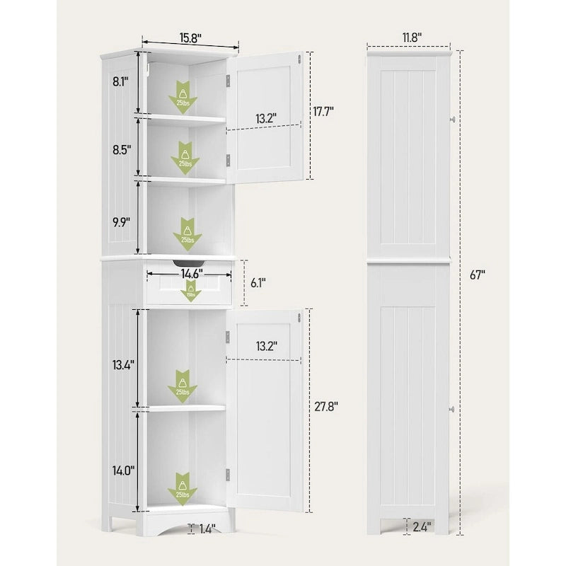Meuble de rangement de salle de bain haut et étroit sur pied avec étagères réglables, porte et étagères ouvertes