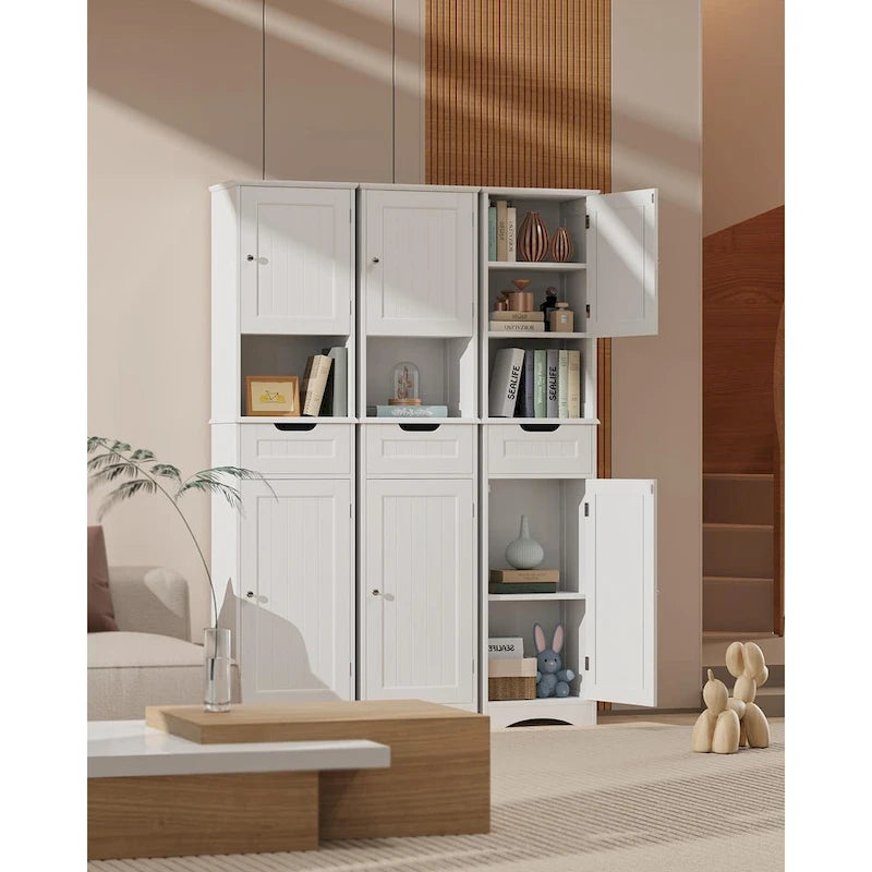Meuble de rangement de salle de bain haut et étroit sur pied avec étagères réglables, porte et étagères ouvertes
