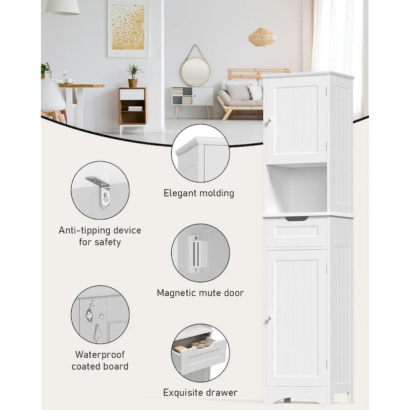 Meuble de rangement de salle de bain haut et étroit sur pied avec étagères réglables, porte et étagères ouvertes