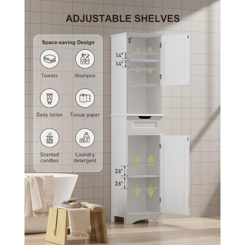 Meuble de rangement de salle de bain haut et étroit sur pied avec étagères réglables, porte et étagères ouvertes