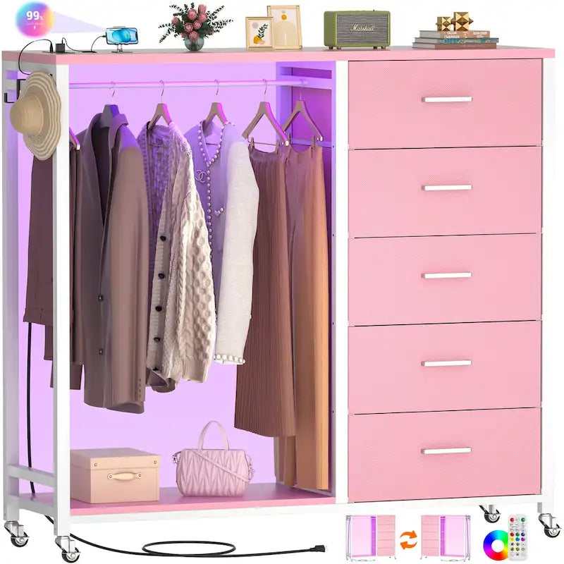 Commode Roulante avec Station de Charge et Lumière LED, Commode avec Tiroirs pour Chambre d'Enfants