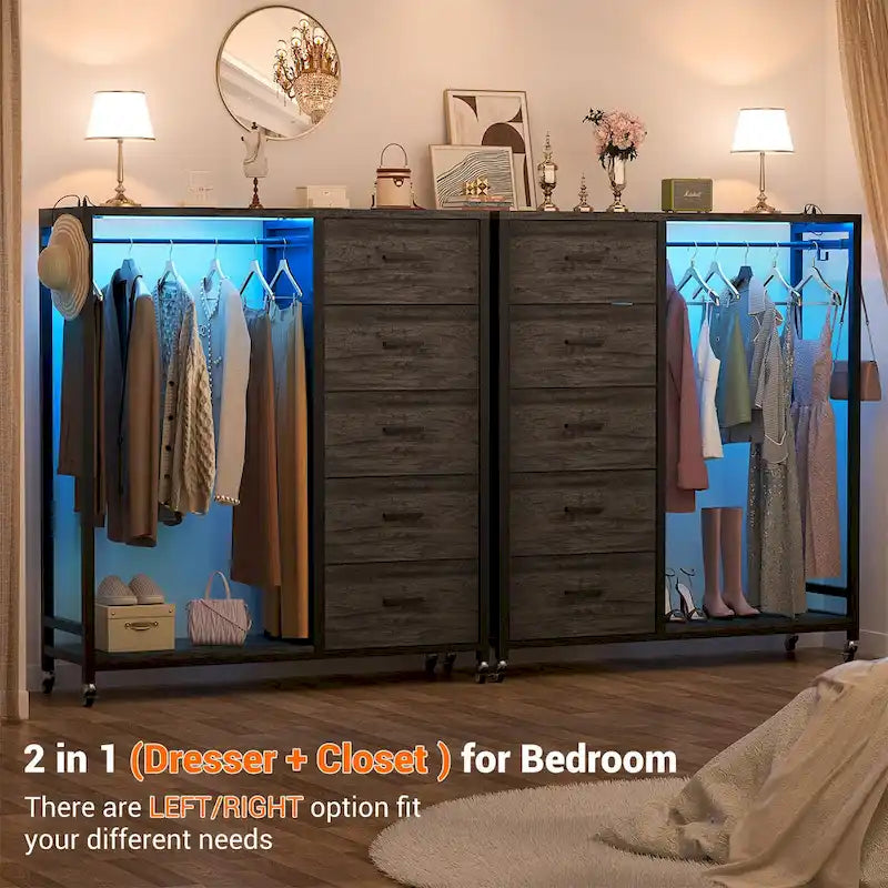 Commode Roulante avec Station de Charge et Lumière LED, Commode avec Tiroirs pour Chambre d'Enfants