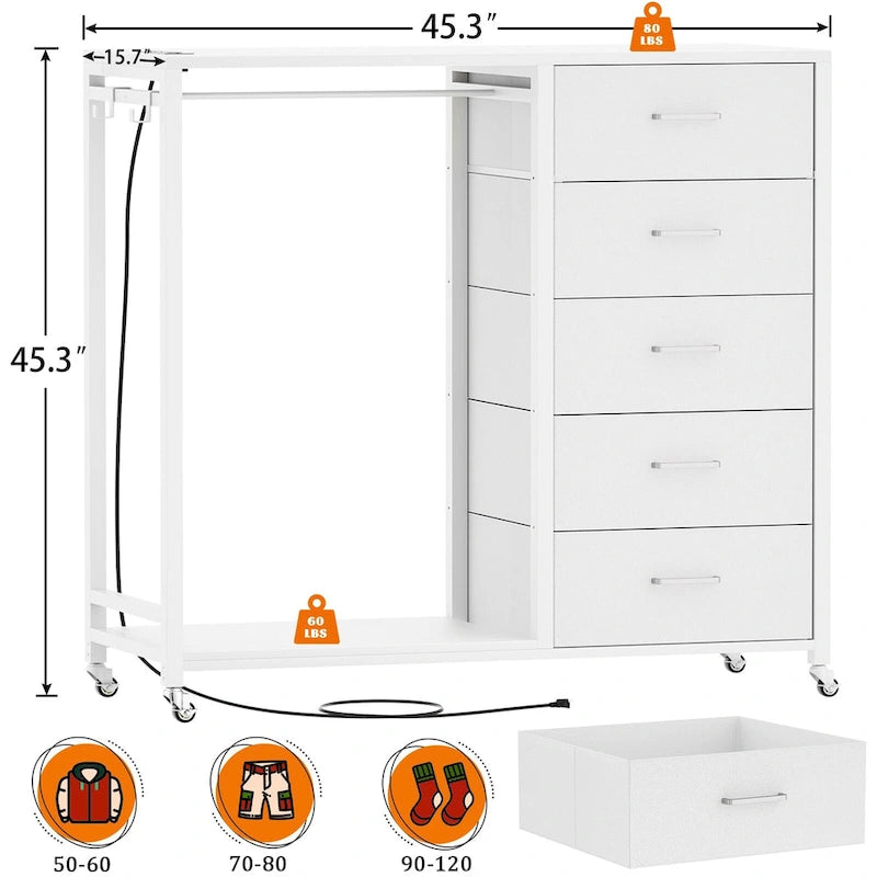 Commode Roulante avec Station de Charge et Lumière LED, Commode avec Tiroirs pour Chambre d'Enfants
