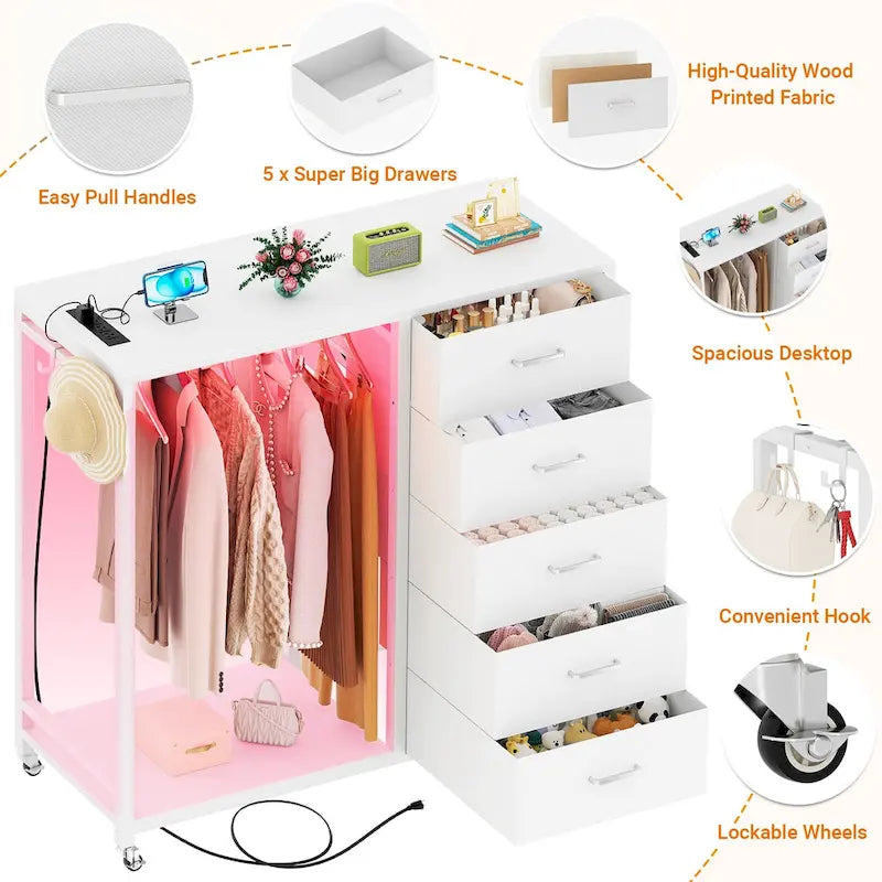 Commode Roulante avec Station de Charge et Lumière LED, Commode avec Tiroirs pour Chambre d'Enfants