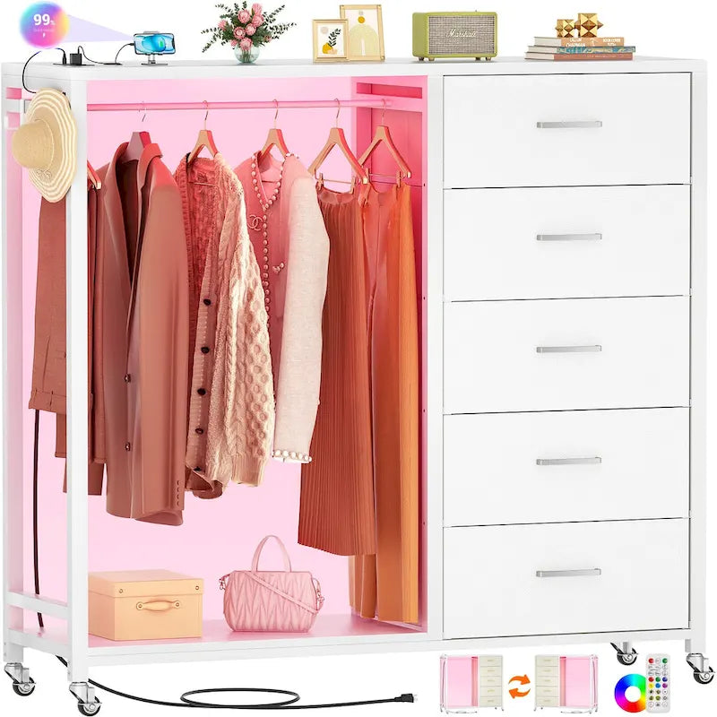 Commode Roulante avec Station de Charge et Lumière LED, Commode avec Tiroirs pour Chambre d'Enfants