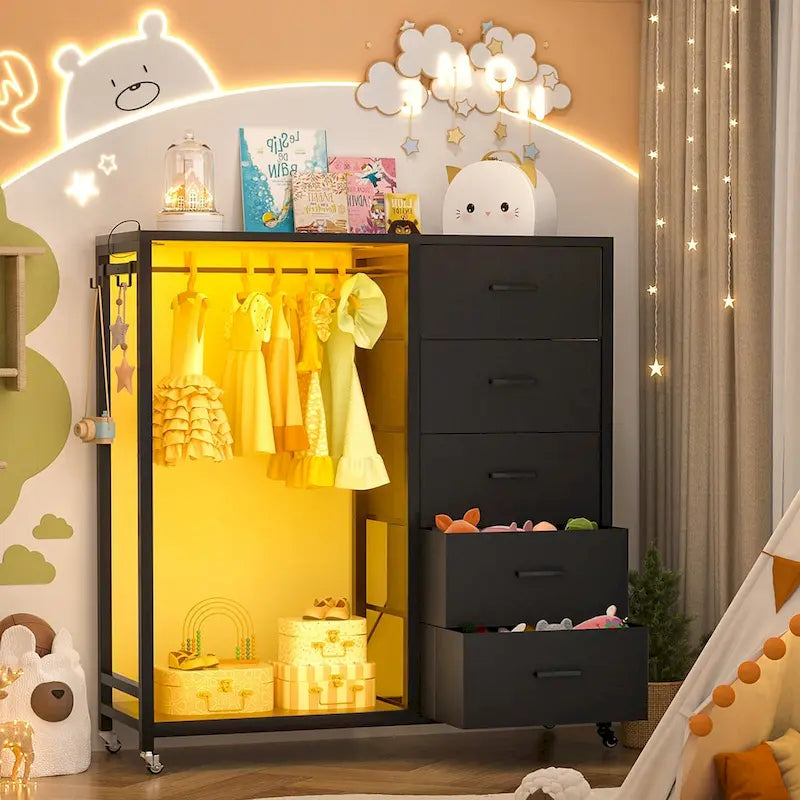 Commode Roulante avec Station de Charge et Lumière LED, Commode avec Tiroirs pour Chambre d'Enfants