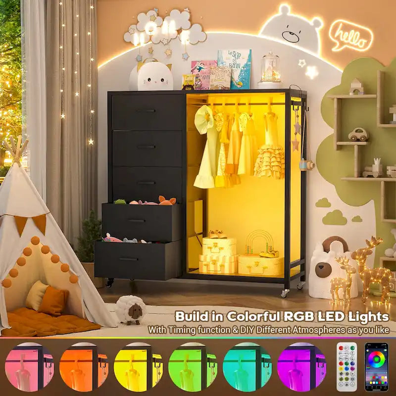 Commode Roulante avec Station de Charge et Lumière LED, Commode avec Tiroirs pour Chambre d'Enfants