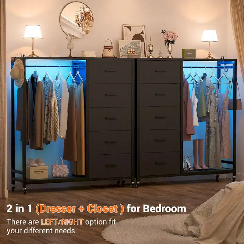 Commode Roulante avec Station de Charge et Lumière LED, Commode avec Tiroirs pour Chambre d'Enfants