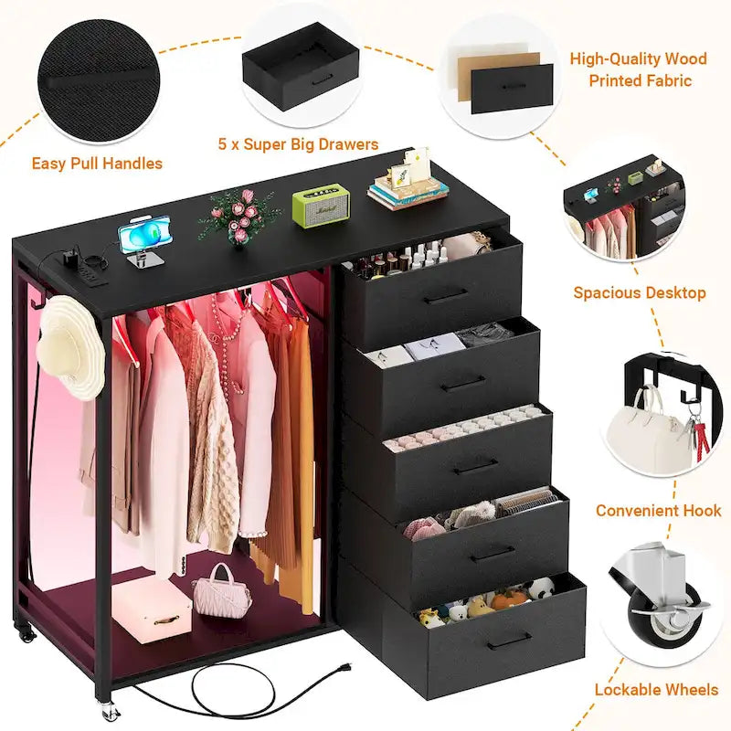 Commode Roulante avec Station de Charge et Lumière LED, Commode avec Tiroirs pour Chambre d'Enfants