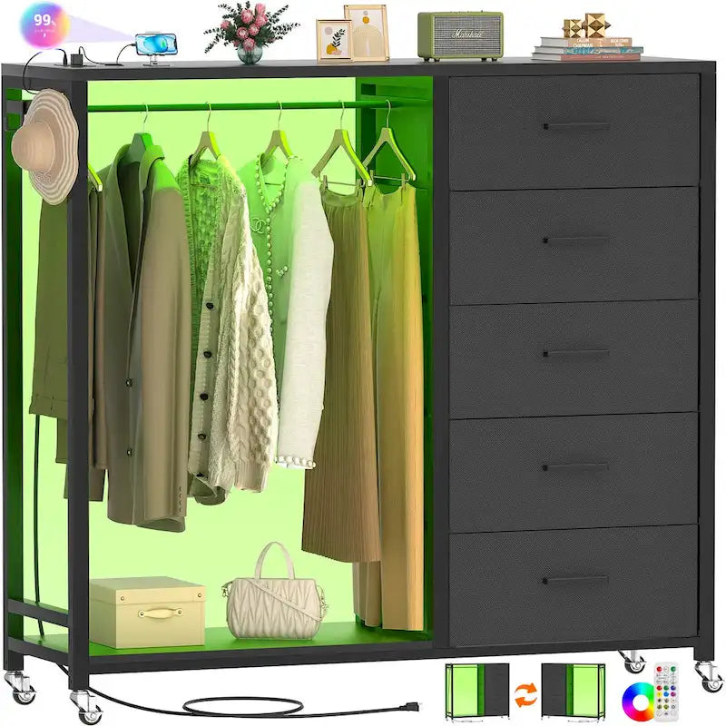Commode Roulante avec Station de Charge et Lumière LED, Commode avec Tiroirs pour Chambre d'Enfants