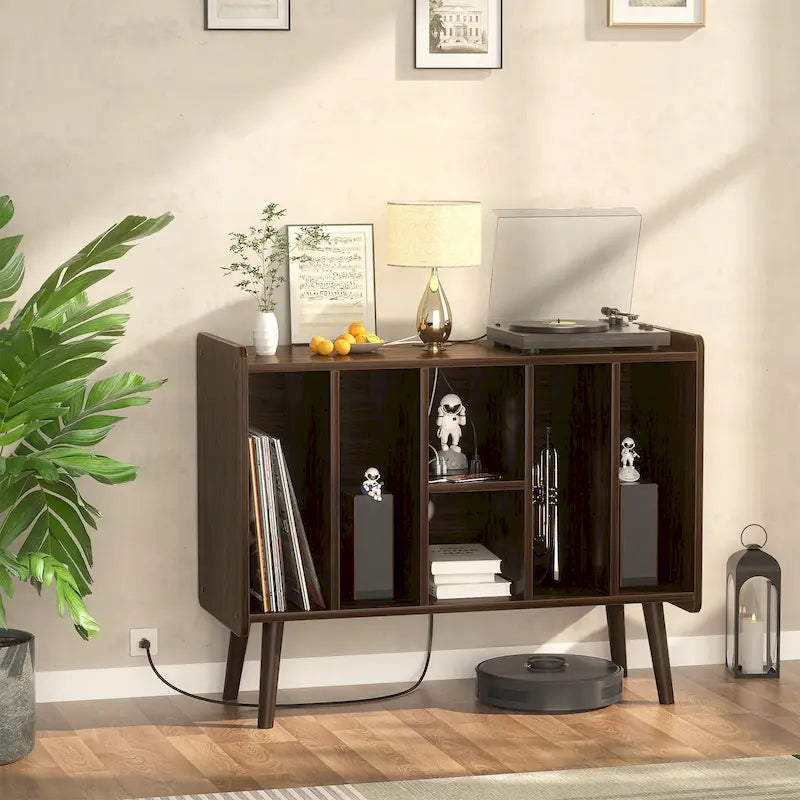 Meuble tourne-disque avec prise électrique et ports USB, table de rangement pour disques vinyles, étagère de présentation pour vinyles