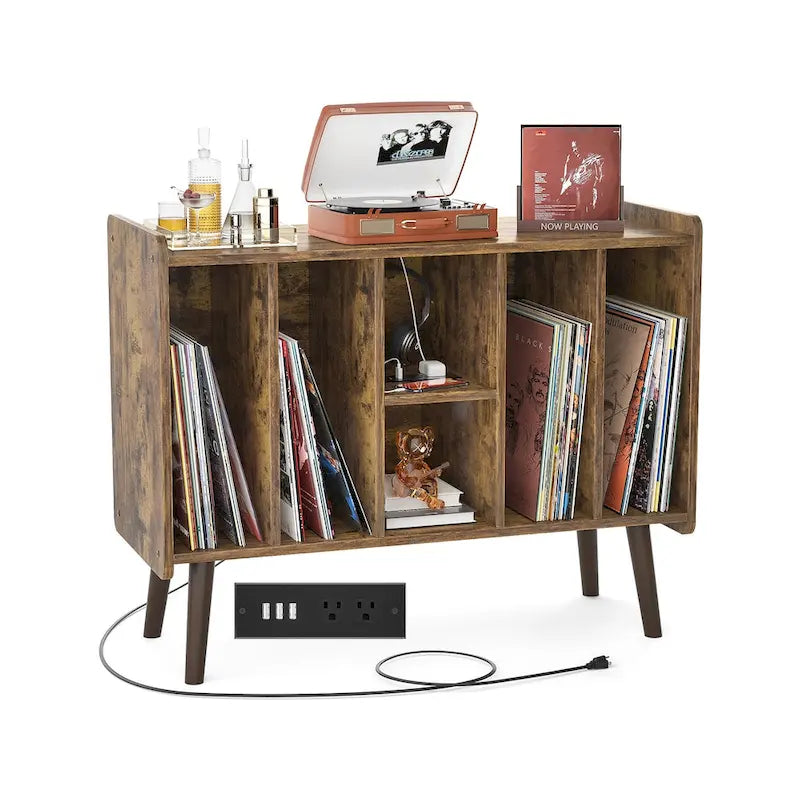 Meuble tourne-disque avec prise électrique et ports USB, table de rangement pour disques vinyles, étagère de présentation pour vinyles