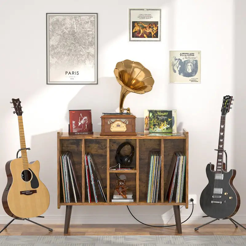 Meuble tourne-disque avec prise électrique et ports USB, table de rangement pour disques vinyles, étagère de présentation pour vinyles