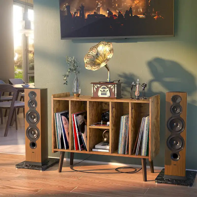Meuble tourne-disque avec prise électrique et ports USB, table de rangement pour disques vinyles, étagère de présentation pour vinyles