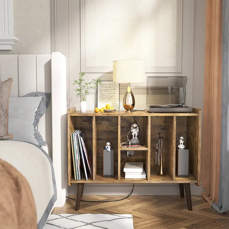 Meuble tourne-disque avec prise électrique et ports USB, table de rangement pour disques vinyles, étagère de présentation pour vinyles