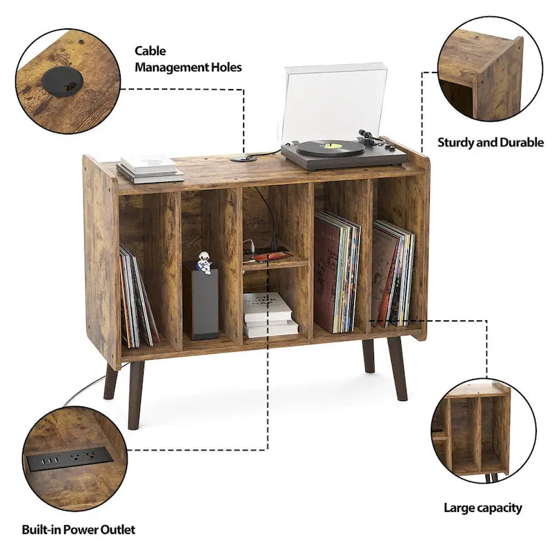 Meuble tourne-disque avec prise électrique et ports USB, table de rangement pour disques vinyles, étagère de présentation pour vinyles