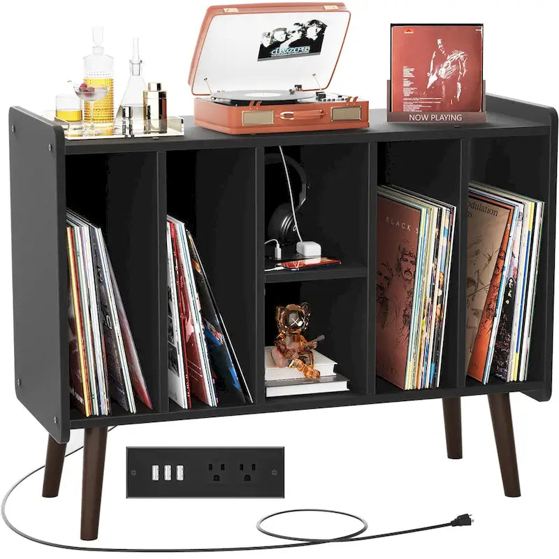 Meuble tourne-disque avec prise électrique et ports USB, table de rangement pour disques vinyles, étagère de présentation pour vinyles