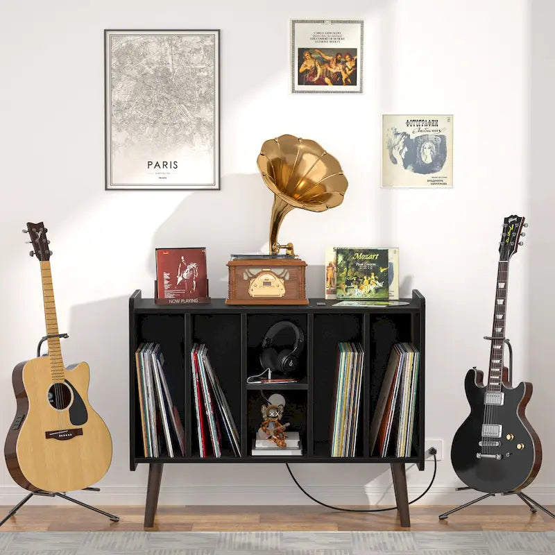 Meuble tourne-disque avec prise électrique et ports USB, table de rangement pour disques vinyles, étagère de présentation pour vinyles