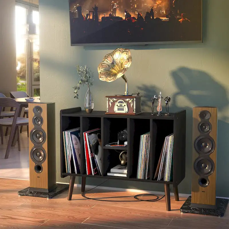 Meuble tourne-disque avec prise électrique et ports USB, table de rangement pour disques vinyles, étagère de présentation pour vinyles