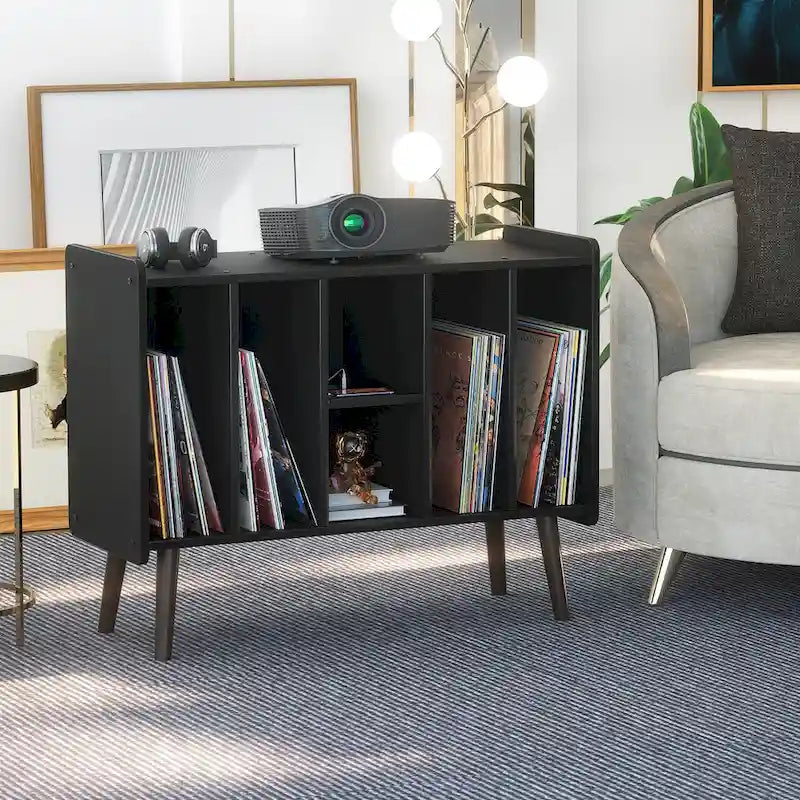 Meuble tourne-disque avec prise électrique et ports USB, table de rangement pour disques vinyles, étagère de présentation pour vinyles