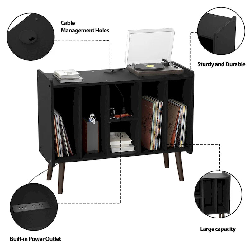 Meuble tourne-disque avec prise électrique et ports USB, table de rangement pour disques vinyles, étagère de présentation pour vinyles