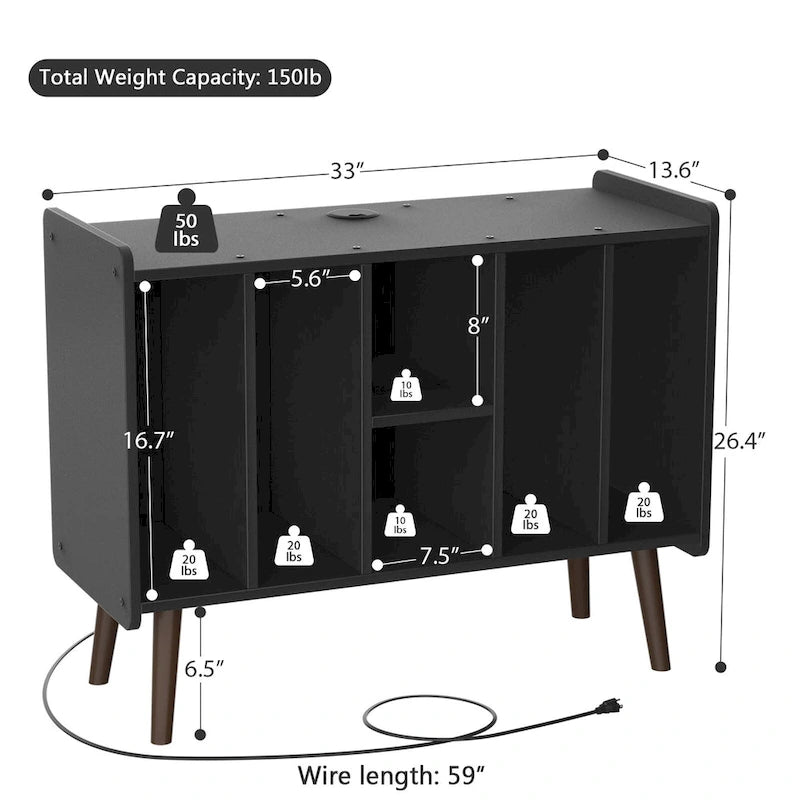 Meuble tourne-disque avec prise électrique et ports USB, table de rangement pour disques vinyles, étagère de présentation pour vinyles