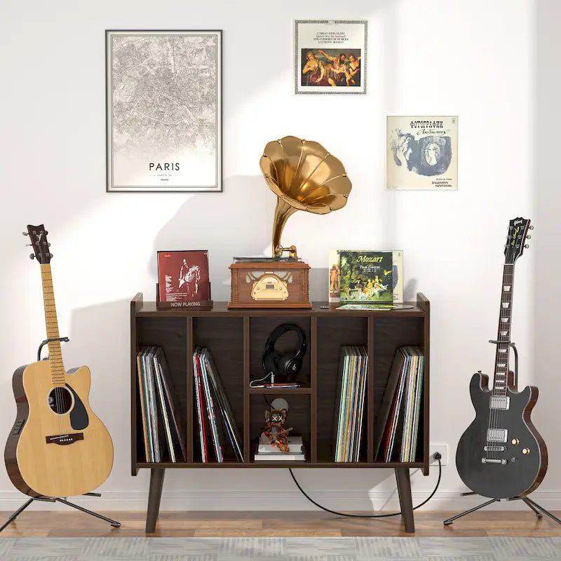Meuble tourne-disque avec prise électrique et ports USB, table de rangement pour disques vinyles, étagère de présentation pour vinyles