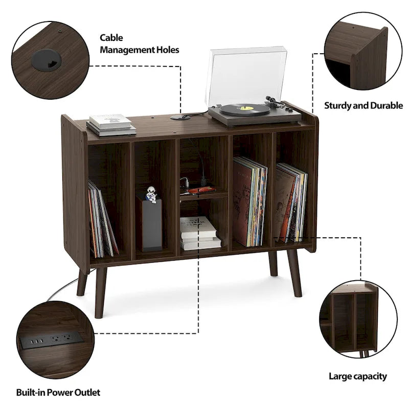 Meuble tourne-disque avec prise électrique et ports USB, table de rangement pour disques vinyles, étagère de présentation pour vinyles