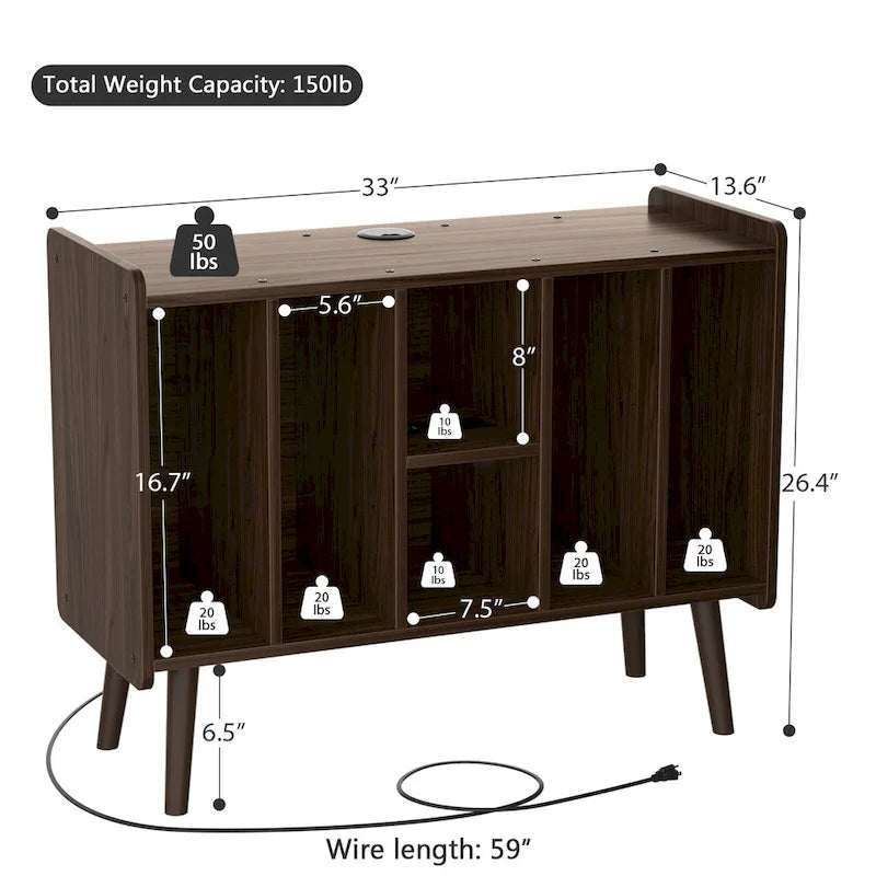 Meuble tourne-disque avec prise électrique et ports USB, table de rangement pour disques vinyles, étagère de présentation pour vinyles