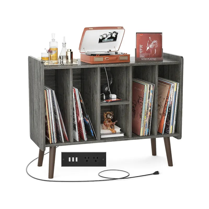 Meuble tourne-disque avec prise électrique et ports USB, table de rangement pour disques vinyles, étagère de présentation pour vinyles