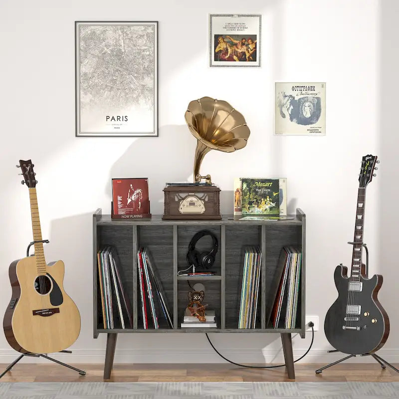 Meuble tourne-disque avec prise électrique et ports USB, table de rangement pour disques vinyles, étagère de présentation pour vinyles