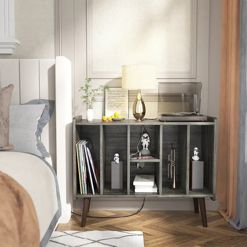 Meuble tourne-disque avec prise électrique et ports USB, table de rangement pour disques vinyles, étagère de présentation pour vinyles