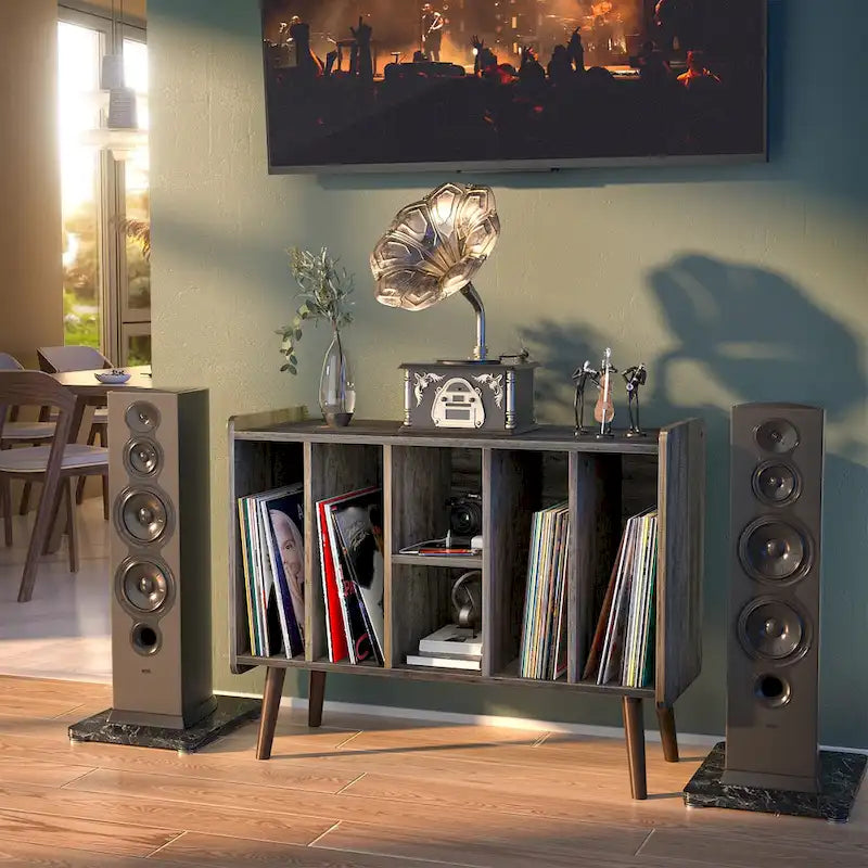 Meuble tourne-disque avec prise électrique et ports USB, table de rangement pour disques vinyles, étagère de présentation pour vinyles