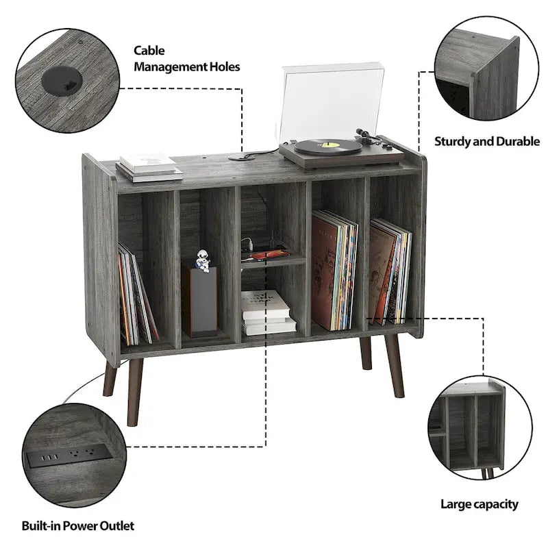 Meuble tourne-disque avec prise électrique et ports USB, table de rangement pour disques vinyles, étagère de présentation pour vinyles