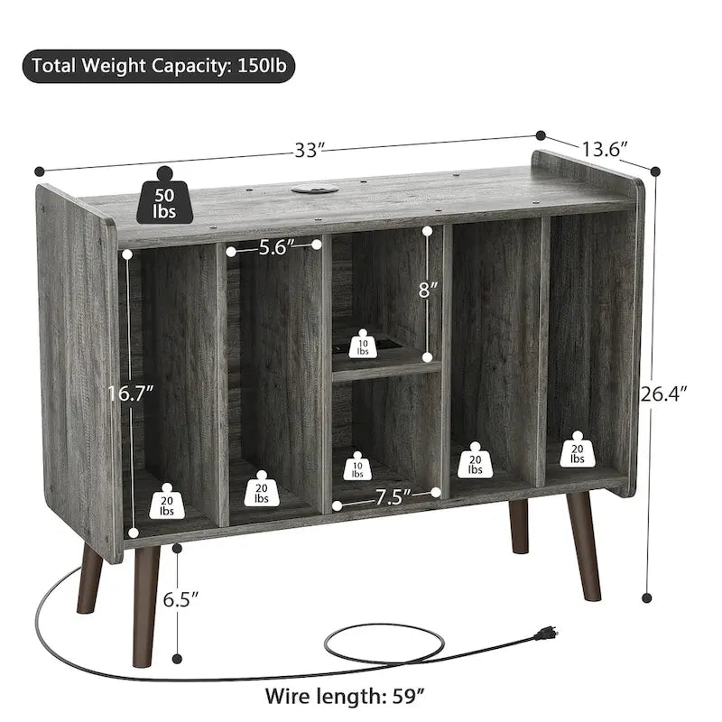 Meuble tourne-disque avec prise électrique et ports USB, table de rangement pour disques vinyles, étagère de présentation pour vinyles