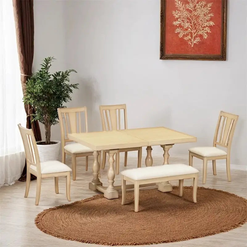 Ensemble de salle à manger 6 pièces avec table extensible 78" à tréteaux, chaises et banc
