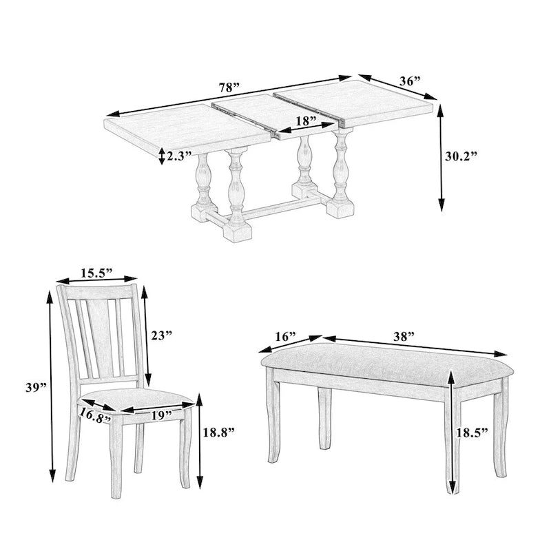 Ensemble de salle à manger 6 pièces avec table extensible 78" à tréteaux, chaises et banc