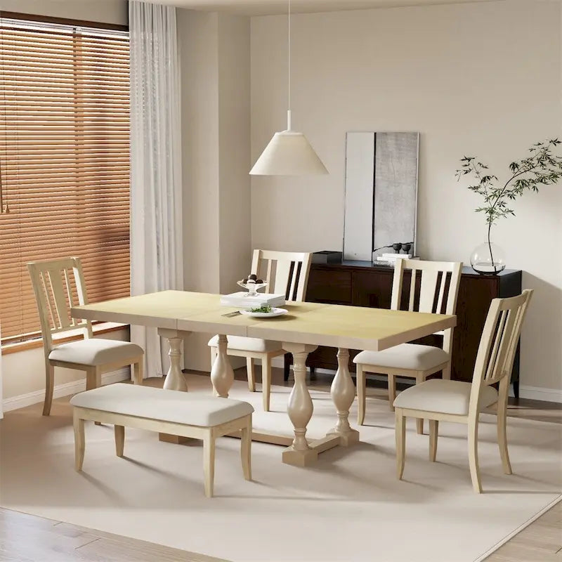 Ensemble de salle à manger 6 pièces avec table extensible 78" à tréteaux, chaises et banc