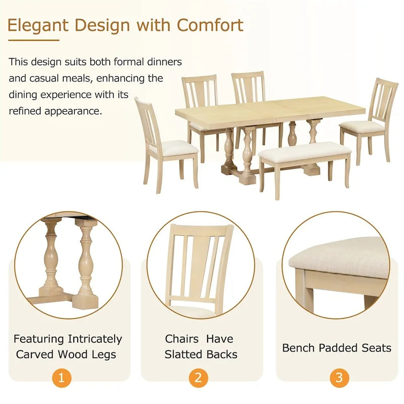 Ensemble de salle à manger 6 pièces avec table extensible 78" à tréteaux, chaises et banc