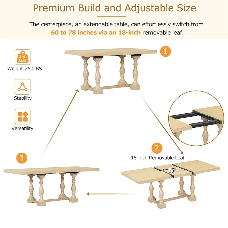 Ensemble de salle à manger 6 pièces avec table extensible 78" à tréteaux, chaises et banc