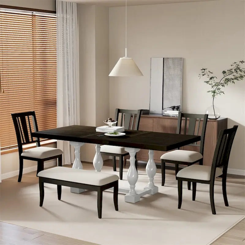 Ensemble de salle à manger 6 pièces avec table extensible 78" à tréteaux, chaises et banc
