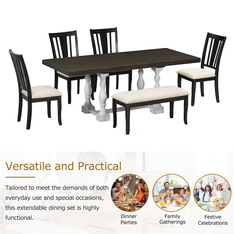 Ensemble de salle à manger 6 pièces avec table extensible 78" à tréteaux, chaises et banc