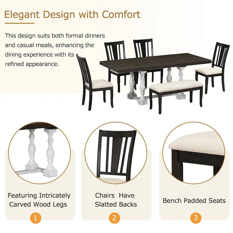 Ensemble de salle à manger 6 pièces avec table extensible 78" à tréteaux, chaises et banc