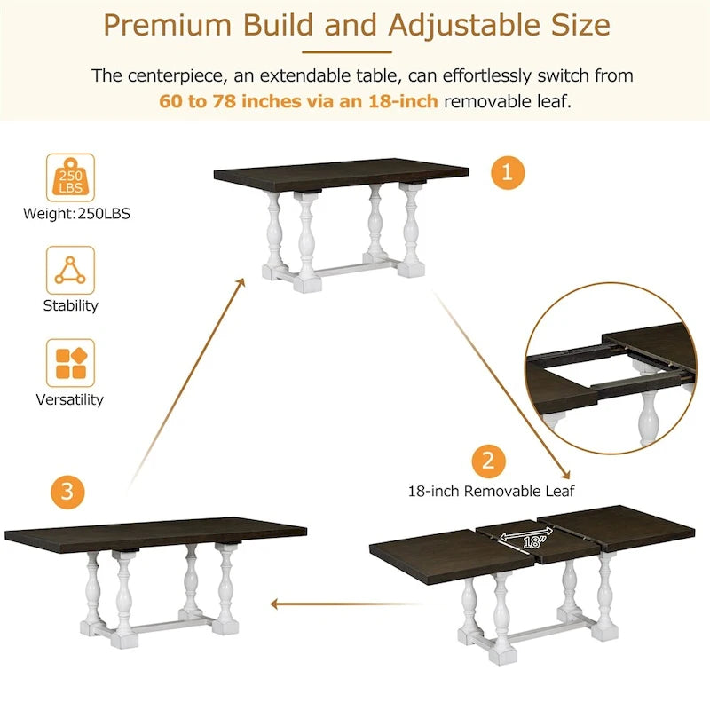 Ensemble de salle à manger 6 pièces avec table extensible 78" à tréteaux, chaises et banc