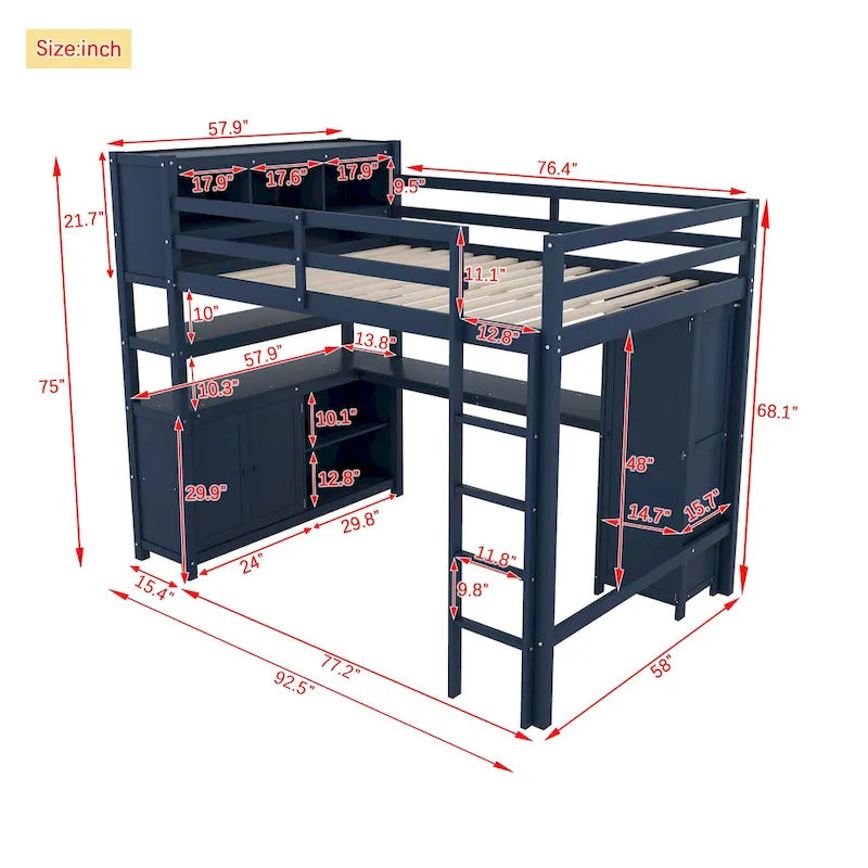 Lit mezzanine en bois avec armoire et étagère, lit mezzanine double avec penderie et bureau pour enfants