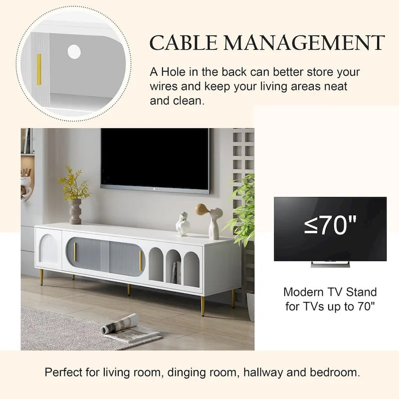 Meuble TV moderne pour téléviseurs jusqu'à 70 pouces, meuble console TV avec 3 étagères et 2 placards